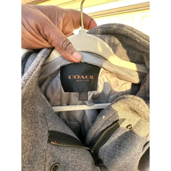 Coach Women’s Granite Gray Wool Coat Jacket With Hoodie And Leather Trims Size M - Picture 7 of 17